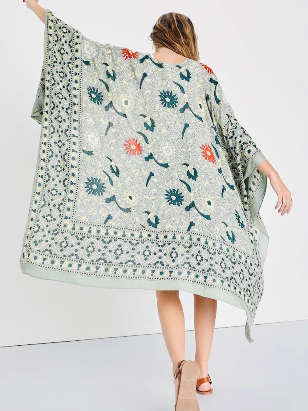 Free People Magic Dance OS Boho Sage Green Printed Shawl Coverup Beach Resort